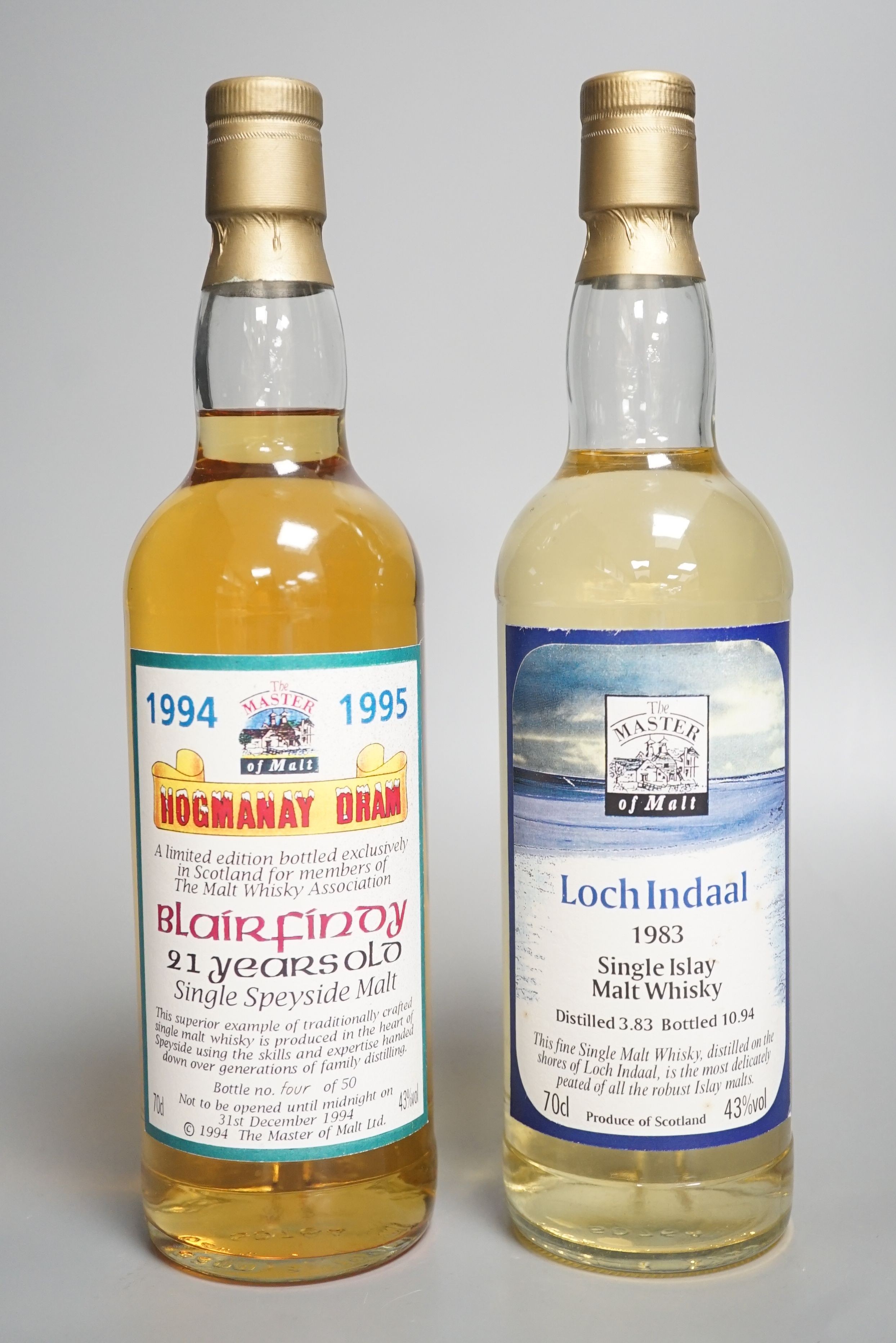Two limited edition 'Master of Malt' series whiskies: 1983 Loch Indaal, distilled 3.83 bottled 10.94. together with 1994/5 21 year old Blairfinoy, bottle 4/50 'Not to be opened until midnight on 31 Dec 1994' (2)